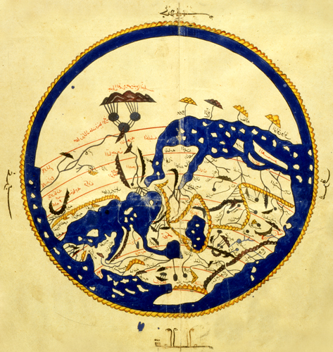 Map of the world created by traveller and writer, al-Idrisi in 1154 for Roger II, King of Sicily (oriented with South at the top)