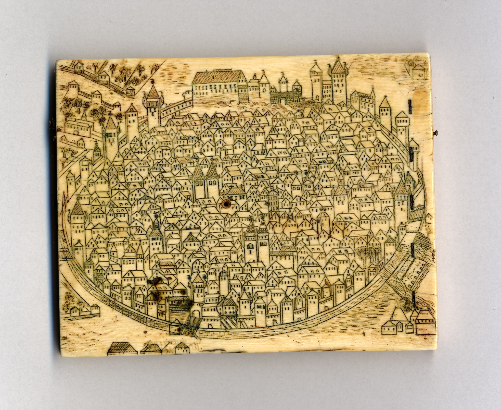 Lower leaf of a diptych dial with city view of Nuremberg, by Johann Gebhart, Nuremberg, c.1550