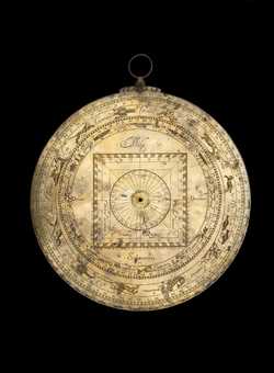 Small image of astrolabe back with rules or alidades removed. Click to enlarge.