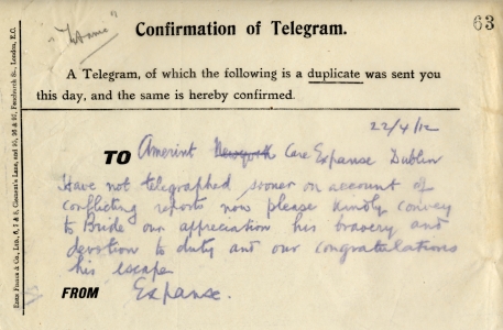 Telegram of appreciation from Marconi Company to surviving Titanic radio operator, Harold Bride