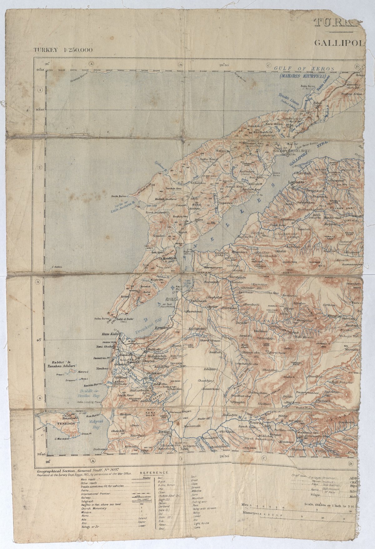 Map torn in half, showing the site of the Gallipoli campaign.