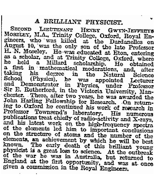 The Times list of casualties: A Brilliant Physicist - Henry Moseley (with link to the full Times column)