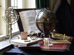 Johannes Schöner's magnificent celestial globe (centre) and other objects featured in the exhibition
