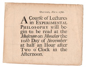 Lecture notice issued by the Oxford professor Thomas Hornsby, in 1766.